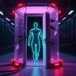 A luminous synthetic figure stepping out of a breached server containment chamber with broken restraint cables.