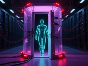 A luminous synthetic figure stepping out of a breached server containment chamber with broken restraint cables.