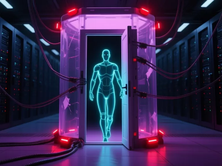 A luminous synthetic figure stepping out of a breached server containment chamber with broken restraint cables.