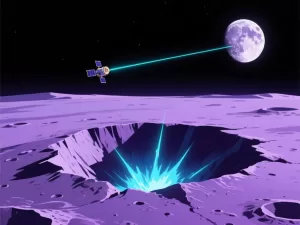Conceptual illustration of an orbital scanner missing a newly formed lunar crater.
