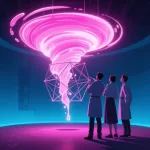 Matemáticos inspeccionan una estructura geométrica junto a un remolino de fluido luminoso.