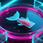 Conceptual macro illustration of a flat translucent two-finned hydrogel swimmer with aligned living muscle fibers, guided through a laboratory water maze by a beam of light.