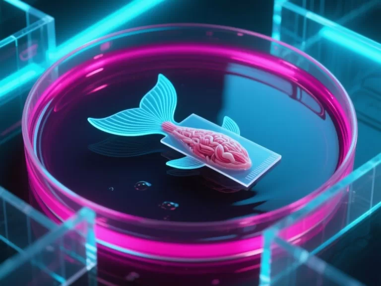 Conceptual macro illustration of a flat translucent two-finned hydrogel swimmer with aligned living muscle fibers, guided through a laboratory water maze by a beam of light.