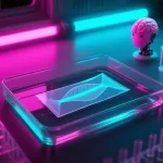 Stylized laboratory macro image of a small, flat, transparent rectangular film divided into two flexible fins, moving through shallow water under a focused light.