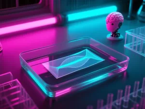 Stylized laboratory macro image of a small, flat, transparent rectangular film divided into two flexible fins, moving through shallow water under a focused light.