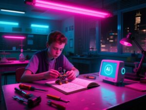 Conceptual editorial illustration: Elon Musk's recommendation for broad education in an AI and robotics future, and what AI literacy research adds beyond asking better questions