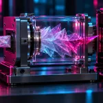 Conceptual compressed translucent packet expanding into sharp fragments inside a glass chamber beside an intact circuit module under magenta and cyan light.