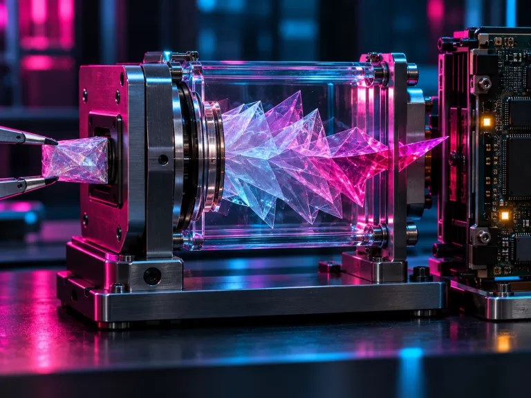 Conceptual compressed translucent packet expanding into sharp fragments inside a glass chamber beside an intact circuit module under magenta and cyan light.