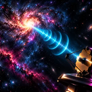 Conceptual distant dwarf galaxy emitting a cyan fast radio burst across deep space toward a gold hexagonal space telescope, in NeonPulse cyan and magenta neon-noir style