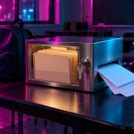Conceptual file-transfer gateway with blank student folders and a key beside a school backpack, lit in magenta and cyan.
