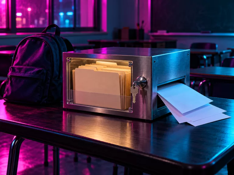 Conceptual file-transfer gateway with blank student folders and a key beside a school backpack, lit in magenta and cyan.