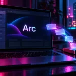 Conceptual laptop showing the Arc product name and vertical tabs, with luminous tab cards moving toward an external storage device in magenta and cyan light.