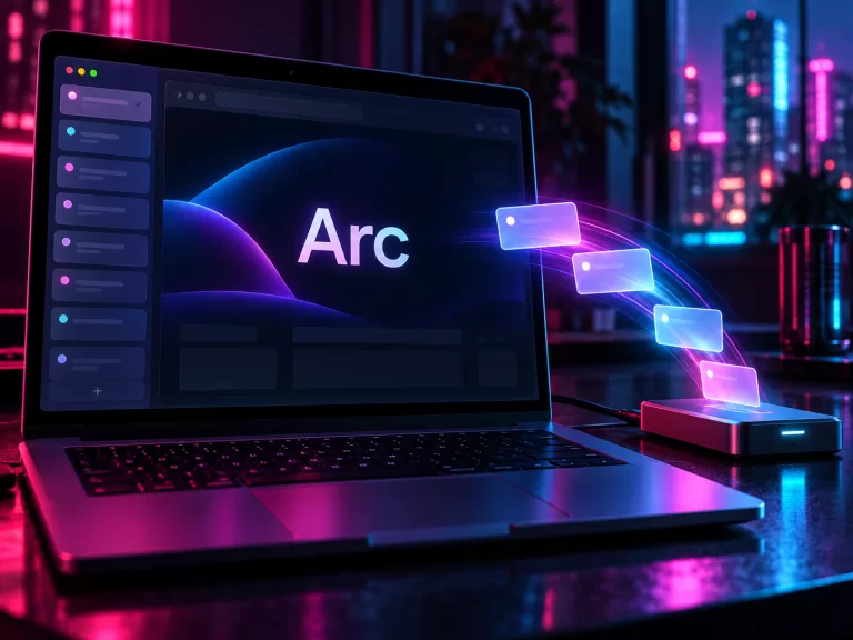 Conceptual laptop showing the Arc product name and vertical tabs, with luminous tab cards moving toward an external storage device in magenta and cyan light.