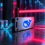 Conceptual server module bearing the blue DeepSeek whale logo stopped at a magenta security barrier, connected to two unbranded software cartridges.