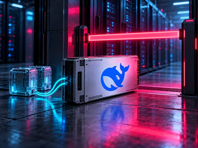 Conceptual server module bearing the blue DeepSeek whale logo stopped at a magenta security barrier, connected to two unbranded software cartridges.