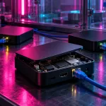 Conceptual controlled laboratory scene with three unbranded TV streaming boxes connected by Ethernet, one partly open, under magenta and cyan lighting.
