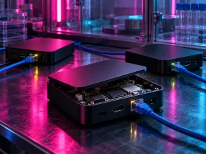 Conceptual controlled laboratory scene with three unbranded TV streaming boxes connected by Ethernet, one partly open, under magenta and cyan lighting.