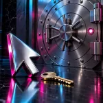 Conceptual chrome computer cursor and brass key outside a closed bank vault, lit in magenta and cyan.