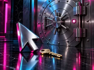 Conceptual chrome computer cursor and brass key outside a closed bank vault, lit in magenta and cyan.