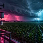 Conceptual agricultural field beneath an approaching storm front, with an automatic weather-sensor mast in the foreground and magenta-cyan editorial lighting.