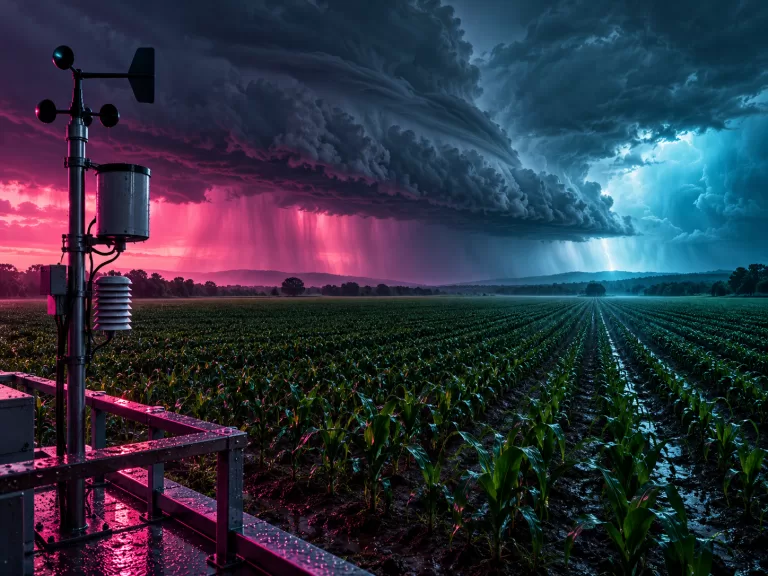 Conceptual agricultural field beneath an approaching storm front, with an automatic weather-sensor mast in the foreground and magenta-cyan editorial lighting.