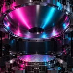 Conceptual concave lithography mirror above a silicon wafer inside a vacuum chamber, illuminated by cyan and magenta ambient light.