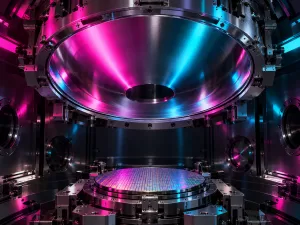 Conceptual concave lithography mirror above a silicon wafer inside a vacuum chamber, illuminated by cyan and magenta ambient light.