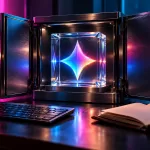 Conceptual Gemini four-point symbol inside a glass block in an open metal display case, beside a keyboard and paper folio under magenta and cyan light.