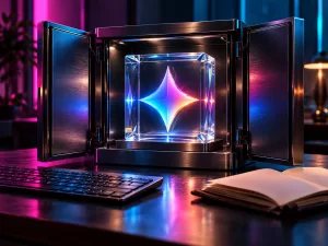 Conceptual Gemini four-point symbol inside a glass block in an open metal display case, beside a keyboard and paper folio under magenta and cyan light.
