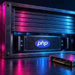 Conceptual server bearing the PHP logo behind a partly lowered security shutter, with a replacement module in front under magenta and cyan lighting.