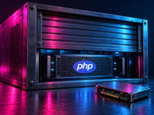 Conceptual server bearing the PHP logo behind a partly lowered security shutter, with a replacement module in front under magenta and cyan lighting.