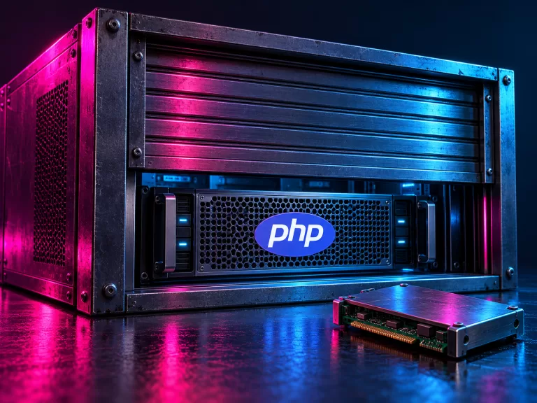 Conceptual server bearing the PHP logo behind a partly lowered security shutter, with a replacement module in front under magenta and cyan lighting.