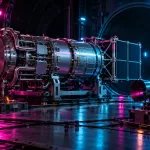 Conceptual space reactor module with cooling pipes and radiator panels beside a thruster test unit in a cyan and magenta vacuum chamber.