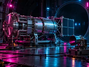 Conceptual space reactor module with cooling pipes and radiator panels beside a thruster test unit in a cyan and magenta vacuum chamber.