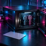 Conceptual AI gateway console with an open secure compartment holding two keys, beside a blank access card and fibre-optic cables in cyan and magenta light.
