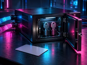 Conceptual AI gateway console with an open secure compartment holding two keys, beside a blank access card and fibre-optic cables in cyan and magenta light.