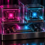 Conceptual magenta and cyan computing modules in separate glass chambers above a shared processor, with the OpenAI symbol on the base.