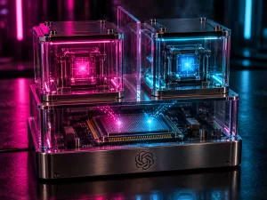 Conceptual magenta and cyan computing modules in separate glass chambers above a shared processor, with the OpenAI symbol on the base.