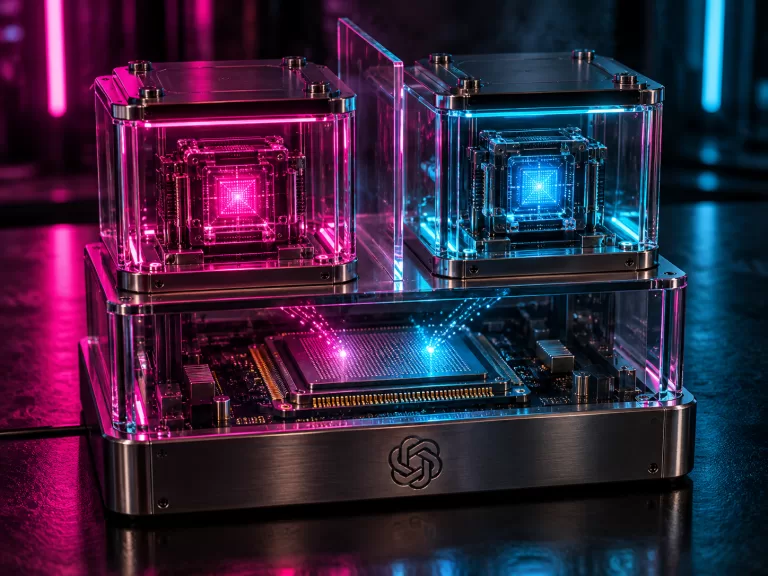 Conceptual magenta and cyan computing modules in separate glass chambers above a shared processor, with the OpenAI symbol on the base.