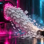 A vast cascade of research manuscripts streams from a dark compute archive toward a lone human reviewer at a desk, lit in magenta and cyan.