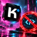 Kimi app symbol beside a cyber-code panel crossed by a glowing red restriction sign, in magenta and cyan light.