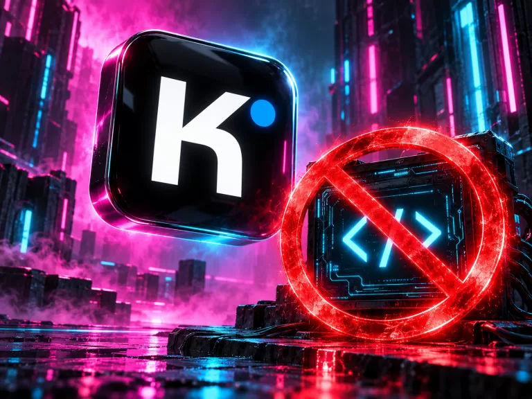 Kimi app symbol beside a cyber-code panel crossed by a glowing red restriction sign, in magenta and cyan light.
