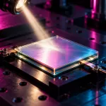 Conceptual laboratory organic solar cell with a silvery layered surface and two electrical contacts under a light beam, illuminated in magenta and cyan.