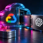 Conceptual OpenAI compute cartridge entering a Google Cloud server gateway, beside blank budget tokens under magenta and cyan lighting.