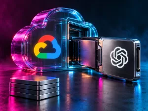 Conceptual OpenAI compute cartridge entering a Google Cloud server gateway, beside blank budget tokens under magenta and cyan lighting.