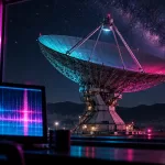 Conceptual radio telescope beneath a starry sky beside a text-free radio spectrogram, illuminated in cyan and magenta.
