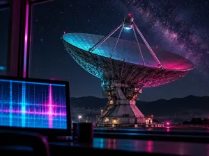 Conceptual radio telescope beneath a starry sky beside a text-free radio spectrogram, illuminated in cyan and magenta.