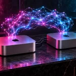 Conceptual illustration of two connected Mac Studio computers sharing a luminous neural lattice under magenta and cyan light; not a photograph or benchmark visualization.