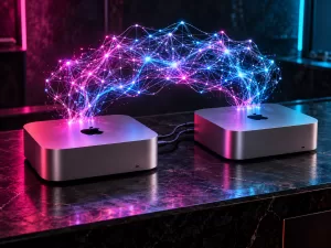 Conceptual illustration of two connected Mac Studio computers sharing a luminous neural lattice under magenta and cyan light; not a photograph or benchmark visualization.
