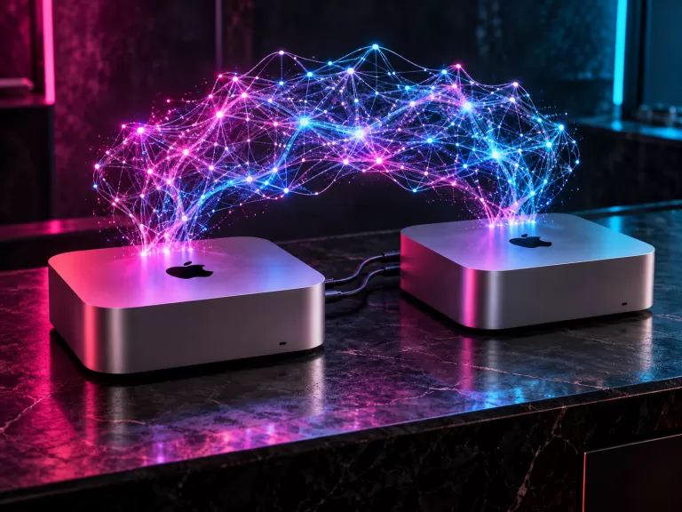 Conceptual illustration of two connected Mac Studio computers sharing a luminous neural lattice under magenta and cyan light; not a photograph or benchmark visualization.